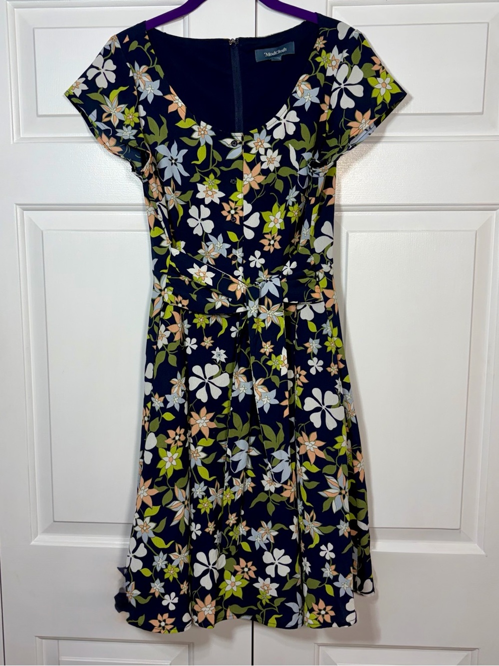ModCloth Navy Floral Fit & Flare Midi Dress, Size L